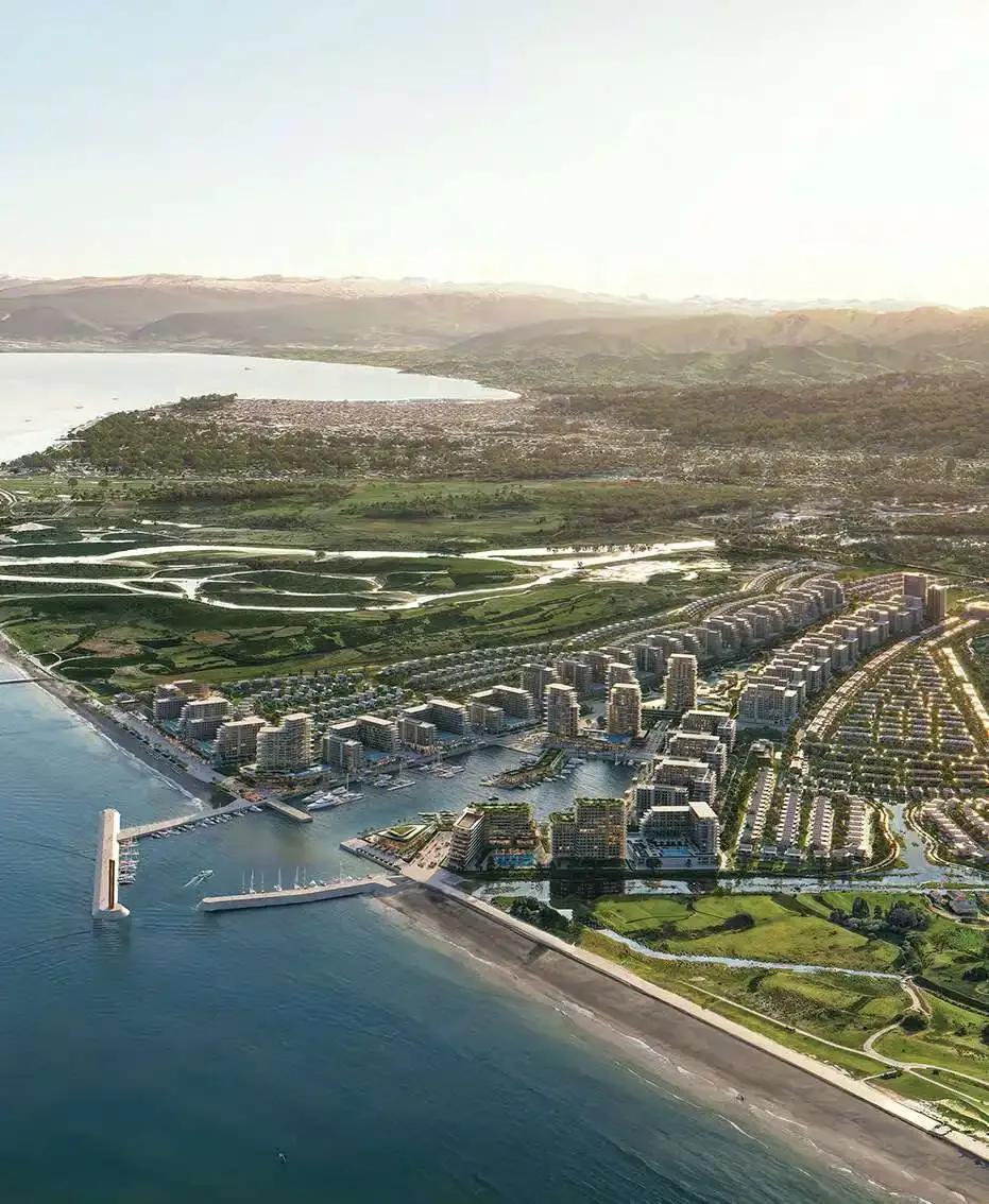 Aerial view of the marina and waterfront district beside the wetlands and the Black Sea.