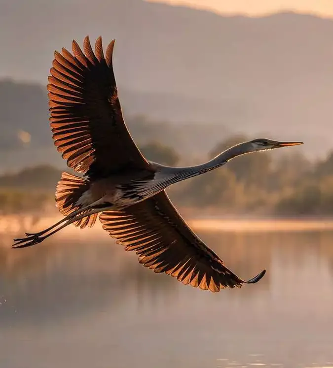 A grey heron in flight over still water at sunset.